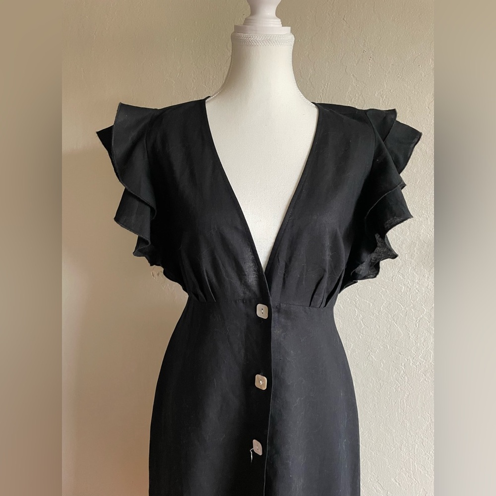Linen cocktail Black Dress with Ruffle Sleeves - Picture 7 of 17